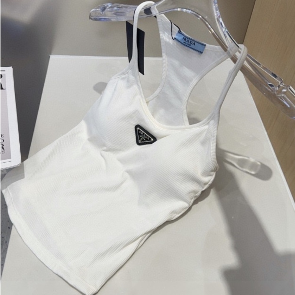 Prada White Ribbed Racerback Tank with Triangular Logo